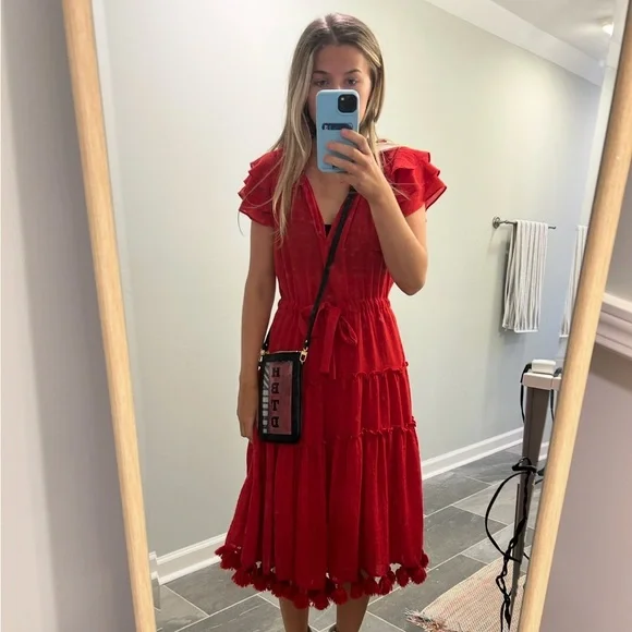 Misa Los Angeles | Dresses | Misa Los Angeles Red Midi Dress With  Tasselspom Poms | Poshmark